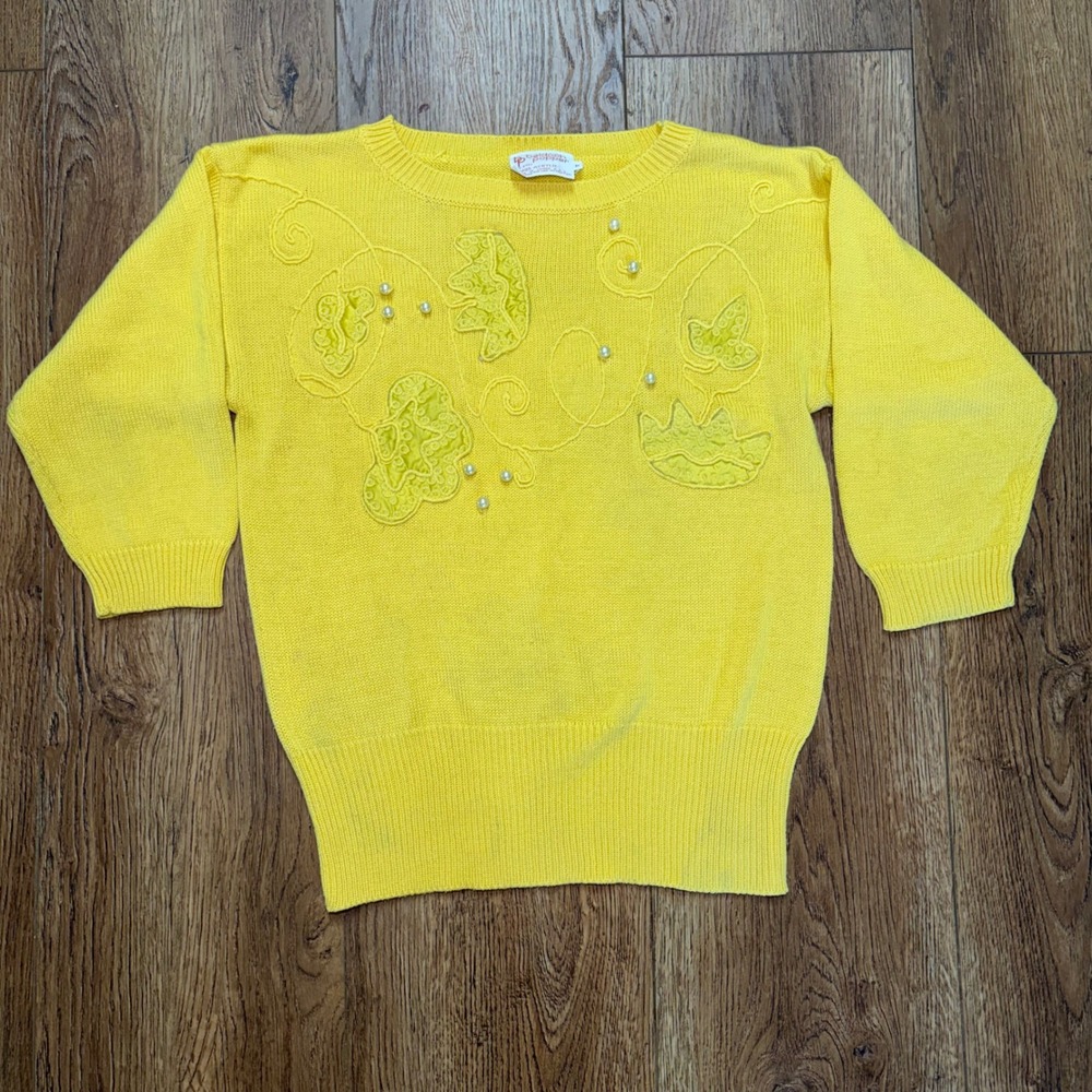 VTG 80s Beldoch Popper Yellow Floral Applique Pearl Knit Sweater Womens M READ